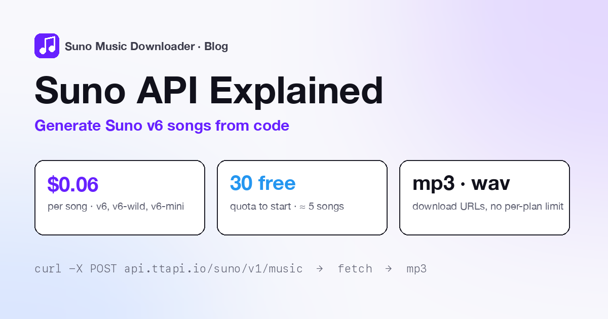 Suno API explicada: cómo generar canciones Suno v6 desde código (guía TTAPI, precios y cupo gratis)