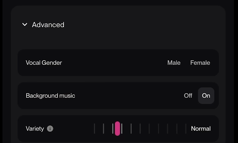 La sección Advanced de Suno Speech con tres filas: Vocal Gender con las opciones Male y Female, Background music con Off y On (On seleccionado) y un deslizador Variety en Normal