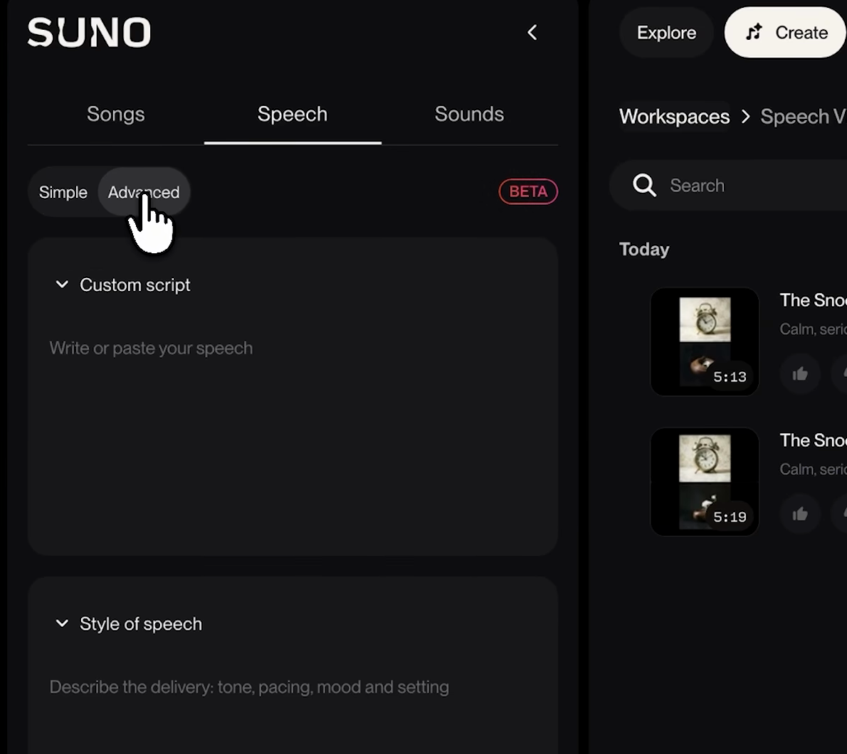 Suno Speech en modo Advanced con una caja Custom script que dice Write or paste your speech y una caja Style of speech que dice Describe the delivery: tone, pacing, mood and setting; a la derecha aparecen en la biblioteca dos tomas de Speech de The Snooze Button, de 5:13 y 5:19