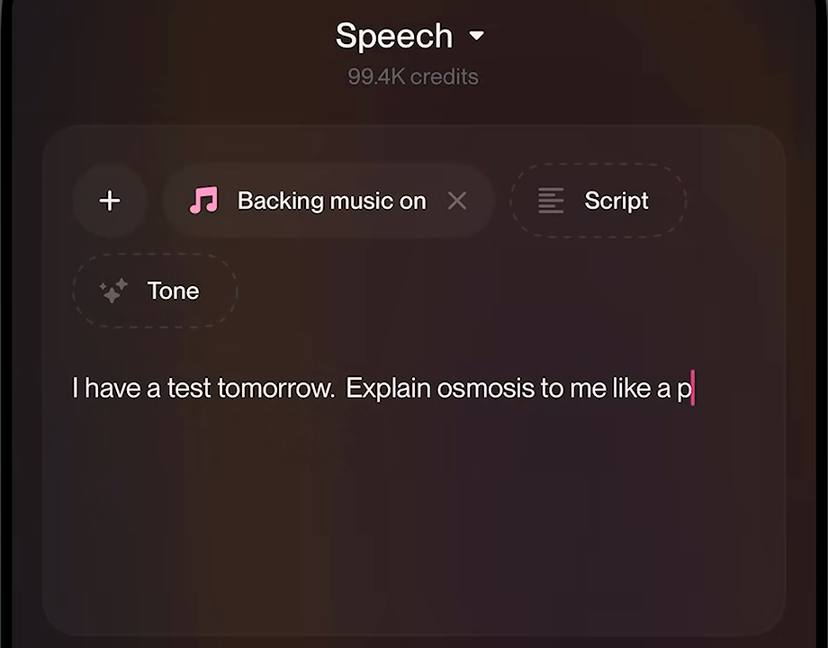 La app móvil de Suno con Speech seleccionado arriba, un chip Backing music on, chips Script y Tone y el prompt: I have a test tomorrow. Explain osmosis to me like a p