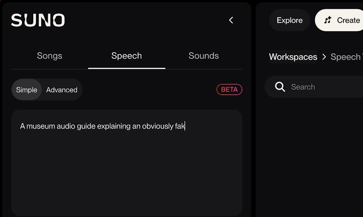 El panel Create de Suno con la pestaña Speech seleccionada, el modo Simple activo, una insignia BETA y un prompt que empieza: A museum audio guide explaining an obviously fake